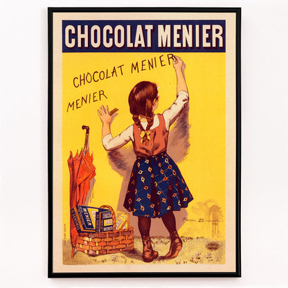 Closeup detail of Chocolat Menier poster by Firmin Bouisset featuring a young girl writing on a yellow wall with a basket of chocolate and an umbrella