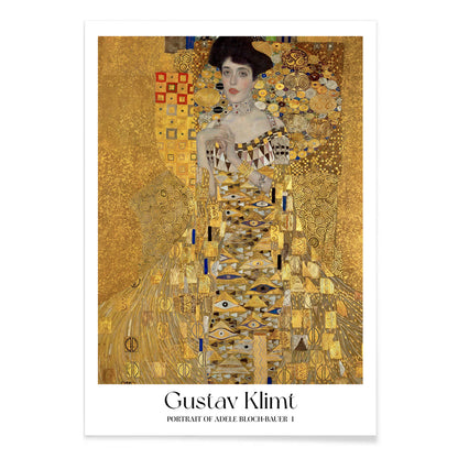 Elegant woman in golden dress with intricate patterns Portrait of Adele Bloch-Bauer I by Gustav Klimt gold tones wall decor poster, with black aluminium frame on white background