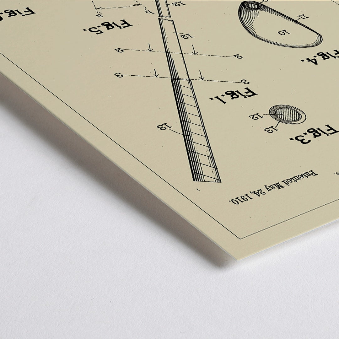 Closeup detail of Golf Club Patent by A C Fowler with detailed technical drawings specifications and labeled parts poster