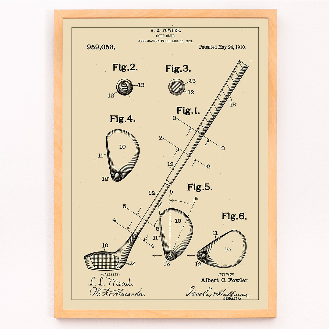 Golf Club Patent by A C Fowler with detailed technical drawings specifications and labeled parts poster, framed and displayed in modern living room decor
