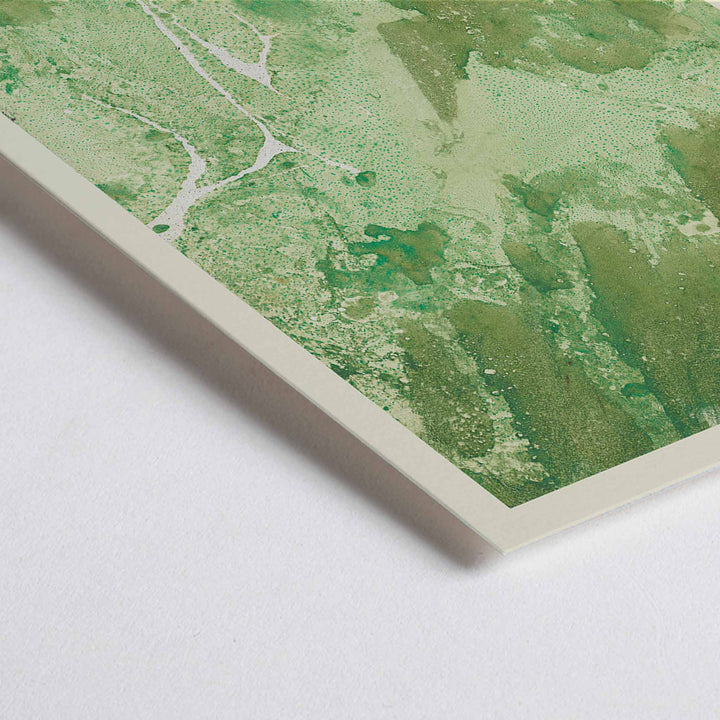 Closeup detail of Margarete Rumpf Green marbled paper poster with swirling green and pale beige abstract textures vertical composition