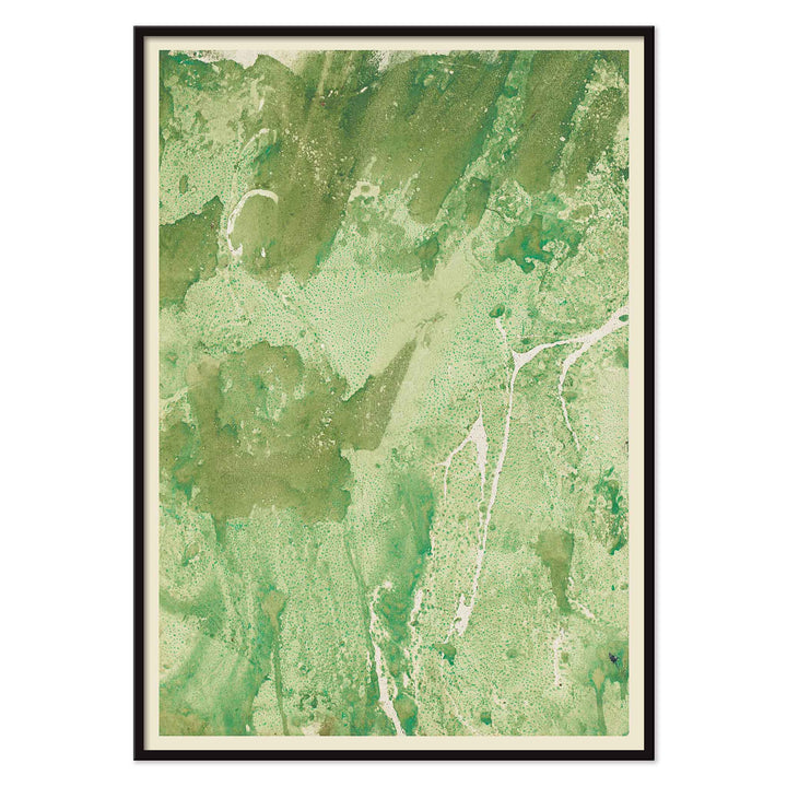 Margarete Rumpf Green marbled paper poster with swirling green and pale beige abstract textures vertical composition, with black aluminium frame on white background