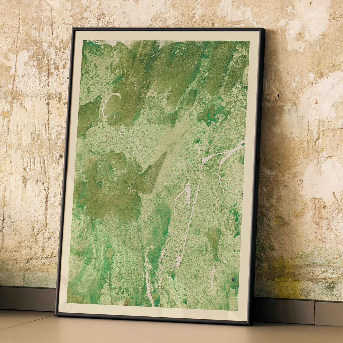 Margarete Rumpf Green marbled paper poster with swirling green and pale beige abstract textures vertical composition, with wooden magnetic frame on white background