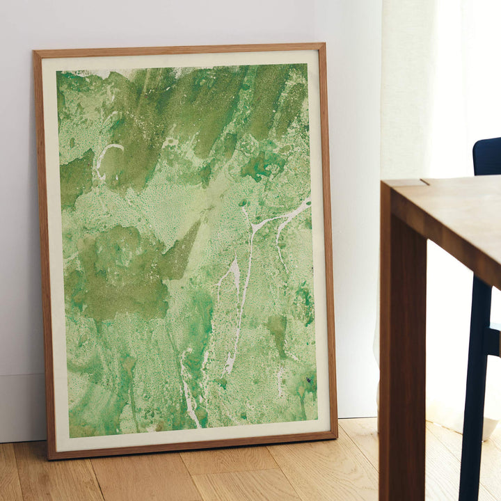 Margarete Rumpf Green marbled paper poster with swirling green and pale beige abstract textures vertical composition, framed and displayed in modern living room decor