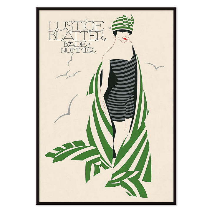 Julius Klinger Lustige Blatter Badenummer poster with stylized woman in striped swimsuit, green palm leaves, cream background, with black aluminium frame on white background