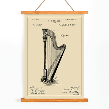 Harp patent drawing and poster by G B Durkee featuring detailed technical drawing and historical patent information, with wooden magnetic frame on white background