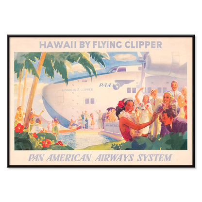 Vintage travel poster of Pan American Airways seaplane in Hawaii with people greeting each other with leis and Hawaiian welcome scene, with black aluminium frame on white background