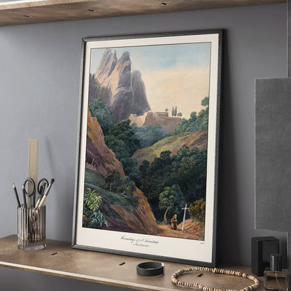 Painting of Hermitage of St Trinidad Montserrat by Charles Hamilton Smith with mountainous landscape lush trees and monk, framed and displayed in home decor