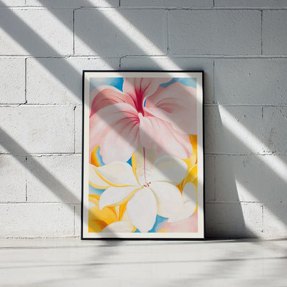 Hibiscus with Plumeria by Georgia O Keeffe vibrant pink and white flowers in a colorful composition poster, framed and displayed in modern living room decor