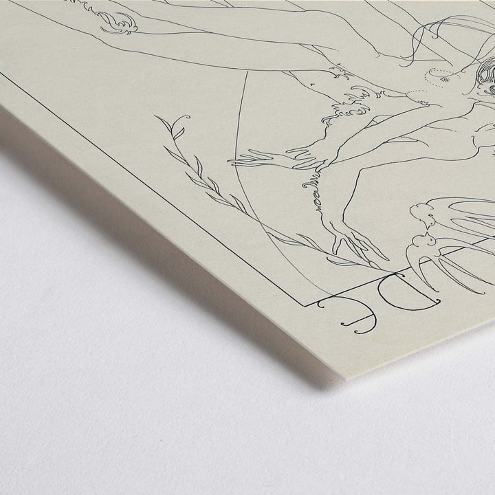 Closeup detail of John Austen Interlude poster featuring two elegant intertwined figures in fine black line art on a warm cream background