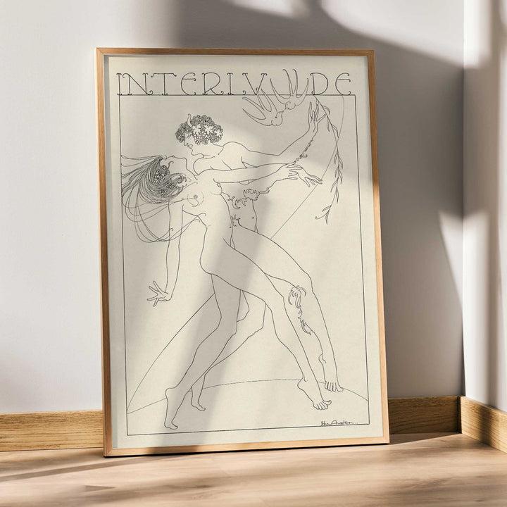 John Austen Interlude poster featuring two elegant intertwined figures in fine black line art on a warm cream background, with wooden magnetic frame on white background