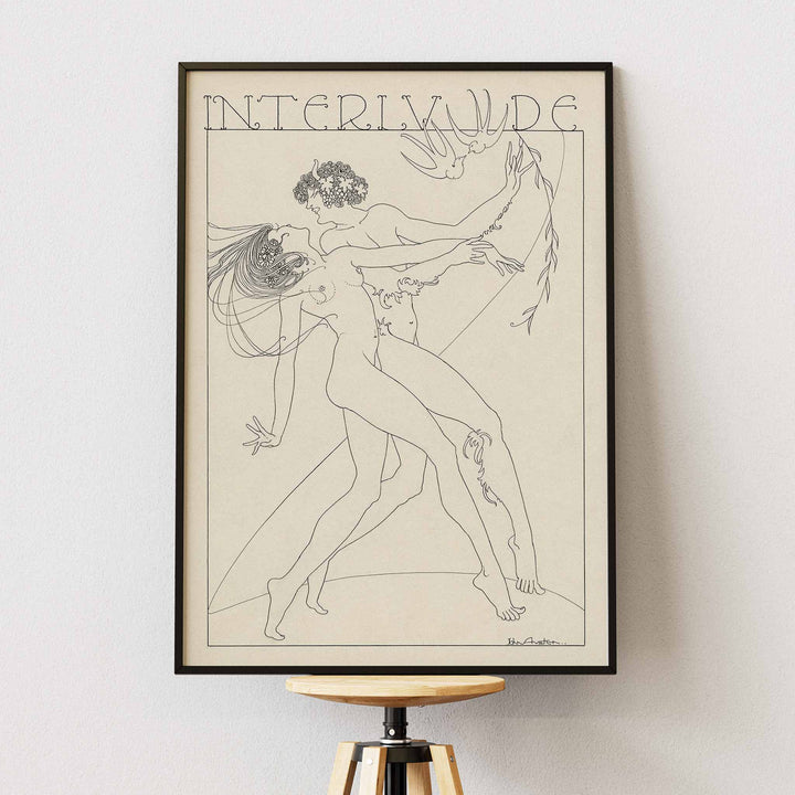 John Austen Interlude poster featuring two elegant intertwined figures in fine black line art on a warm cream background, framed and displayed in modern living room decor
