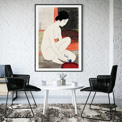Japanese woman bathing in traditional interior from Yokugo no onna by Goyo Hashiguchi Japanese art poster, framed and displayed in home decor