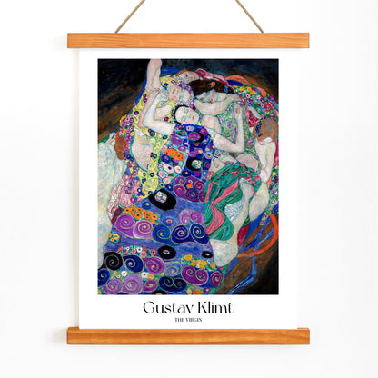 Colorful abstract poster of The Virgin by Gustav Klimt featuring intertwined women in vibrant patterned fabrics and floral designs, with wooden magnetic frame on white background
