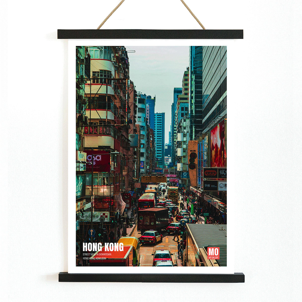 Bustling city street scene in Kowloon Hong Kong poster by Mo Art Gallery, with wooden magnetic frame on white background
