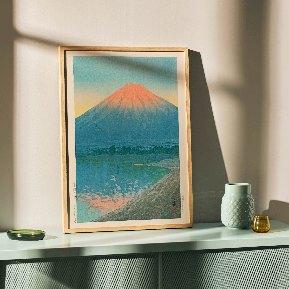 Serene sunrise over Lake Yamanaka with Mount Fuji at dawn by Kawase Hasui Japanese art poster, framed and displayed in home decor
