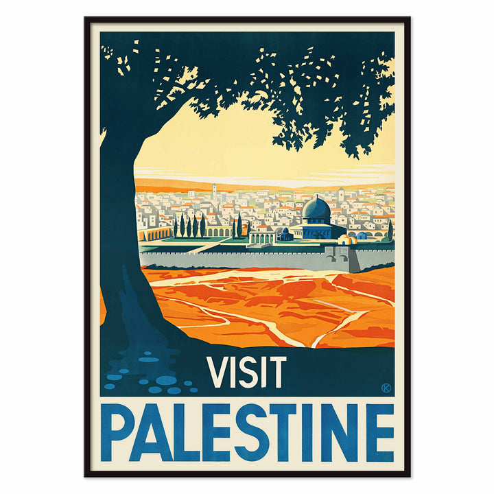 Franz Kraus Visit Palestine poster with sunlit city, mosque, ochre fields, blue sky, and dark tree silhouette, with black aluminium frame on white background