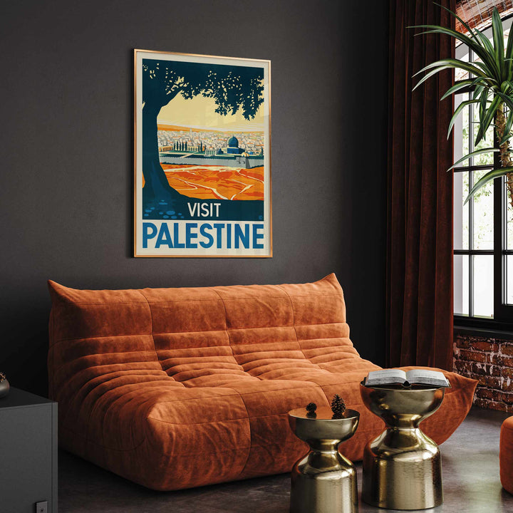 Franz Kraus Visit Palestine poster with sunlit city, mosque, ochre fields, blue sky, and dark tree silhouette, with wooden magnetic frame on white background