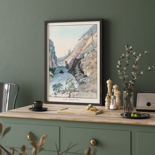 Portage in Hoarfrost River by Charles Hamilton Smith painting and poster showing a scenic river landscape with rugged cliffs trees and a serene rocky canyon, framed and displayed in home decor