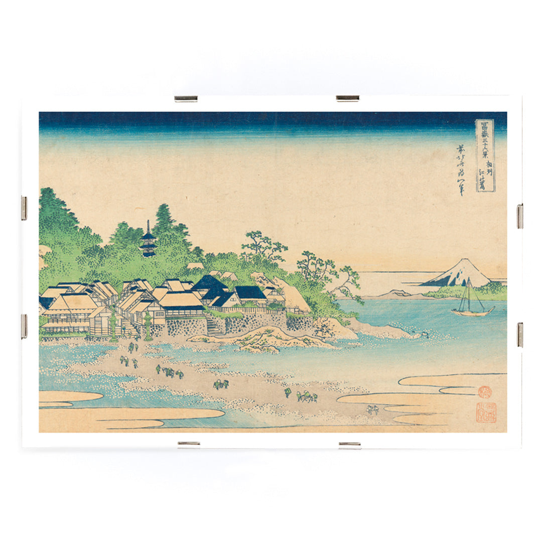 Coastal village with houses trees ocean and Mount Fuji by Katsushika Hokusai Enoshima in Sagami Province Japanese artwork, framed and displayed in modern living room decor