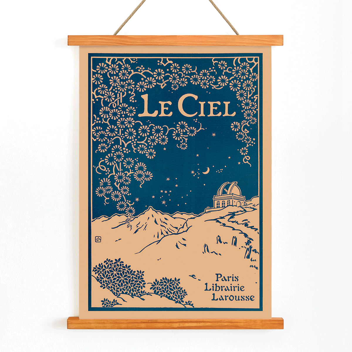 Art poster of a night sky with observatory and floral patterns from Le Ciel Nouvelle Astronomie Pittoresque by Alphonse Berget, with wooden magnetic frame on white background