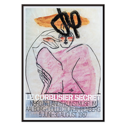 Secret Ahrenberg Collection Exhibition poster by Le Corbusier featuring abstract art with bold lines and vivid colors, with black aluminium frame on white background