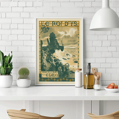 Poster of Edouard Lalo Le roi d Ys by Auguste Francois Marie Gorguet showing a dramatic seaside scene with stormy seas and people along the rocky shore, framed and displayed in modern living room decor