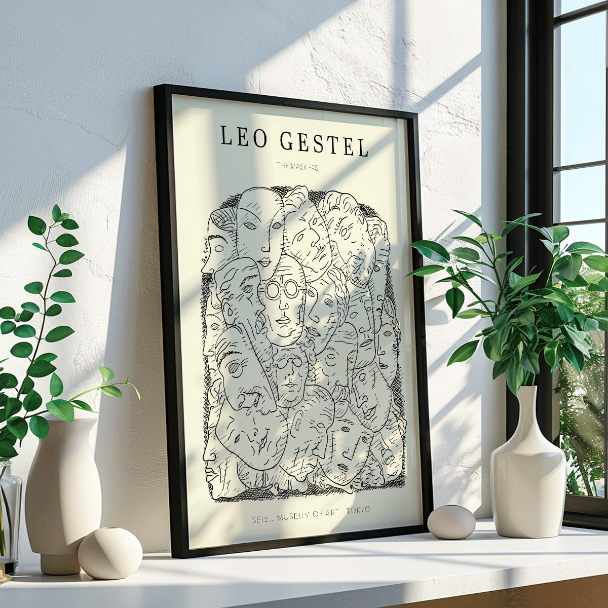 Leo Gestel Maskers artwork and poster featuring abstract faces and post-impressionist style exhibited at Seibu Museum of Art Tokyo, framed and displayed in modern living room decor