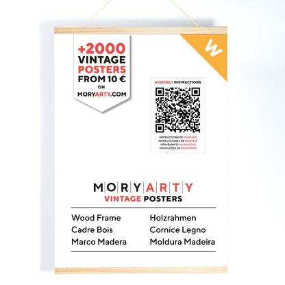 Light pine magnetic wood frame with two solid wood bars and rope for hanging, displaying a poster on a wall in a modern, minimalist style, full front picture