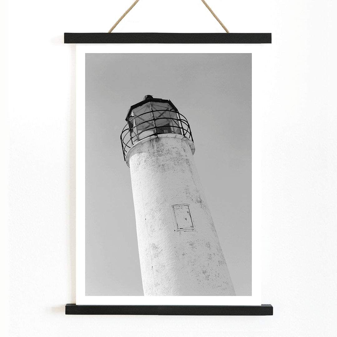 Cape Saint George Lighthouse in Apalachicola Franklin County FL black and white photo and poster titled Cape St George Lighthouse, with wooden magnetic frame on white background