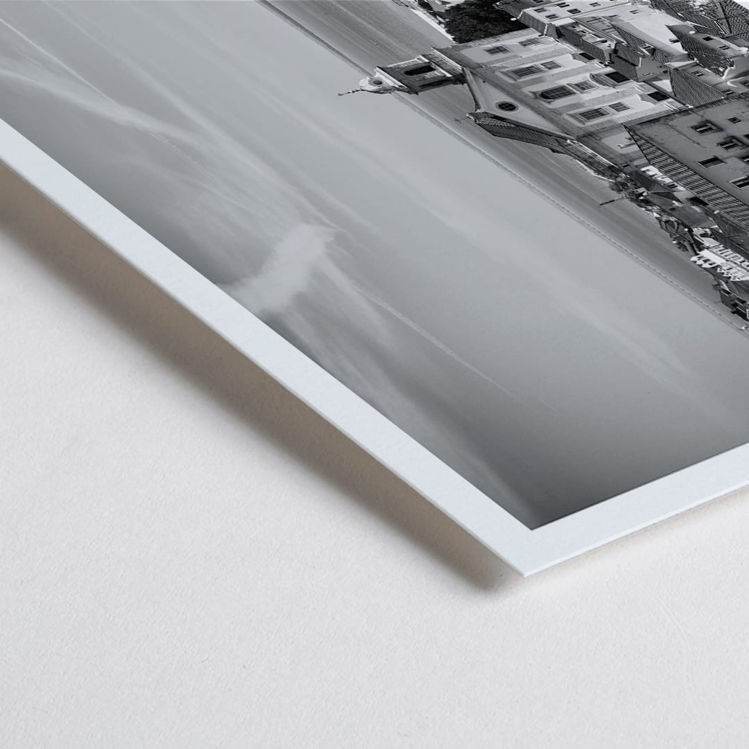 Closeup detail of Lisbon Old City Landscape Black and White Picture 1 showing historic buildings rooftops and ocean view waterfront poster