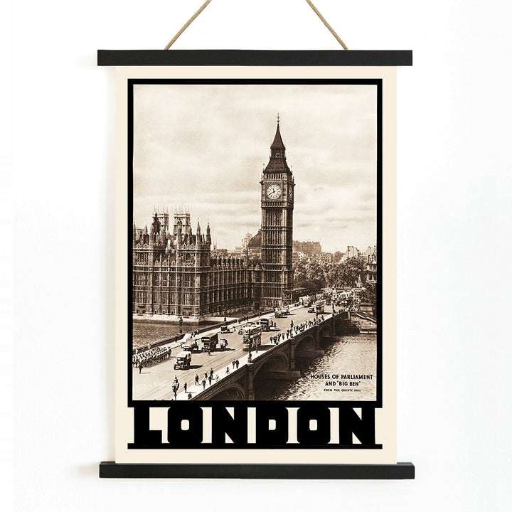 Vintage view and poster of Houses of Parliament and Big Ben in London by Dixon Scott featuring iconic landmarks with sepia toned imagery, with wooden magnetic frame on white background