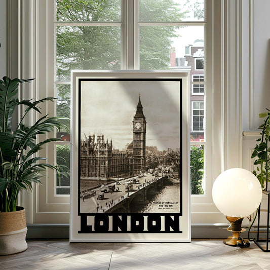 Vintage view and poster of Houses of Parliament and Big Ben in London by Dixon Scott featuring iconic landmarks with sepia toned imagery, framed and displayed in home decor