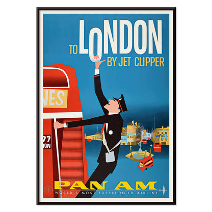 Vintage Pan Am Airlines poster artwork featuring a flight attendant and double decker bus promoting travel to London by Jet Clipper, with black aluminium frame on white background
