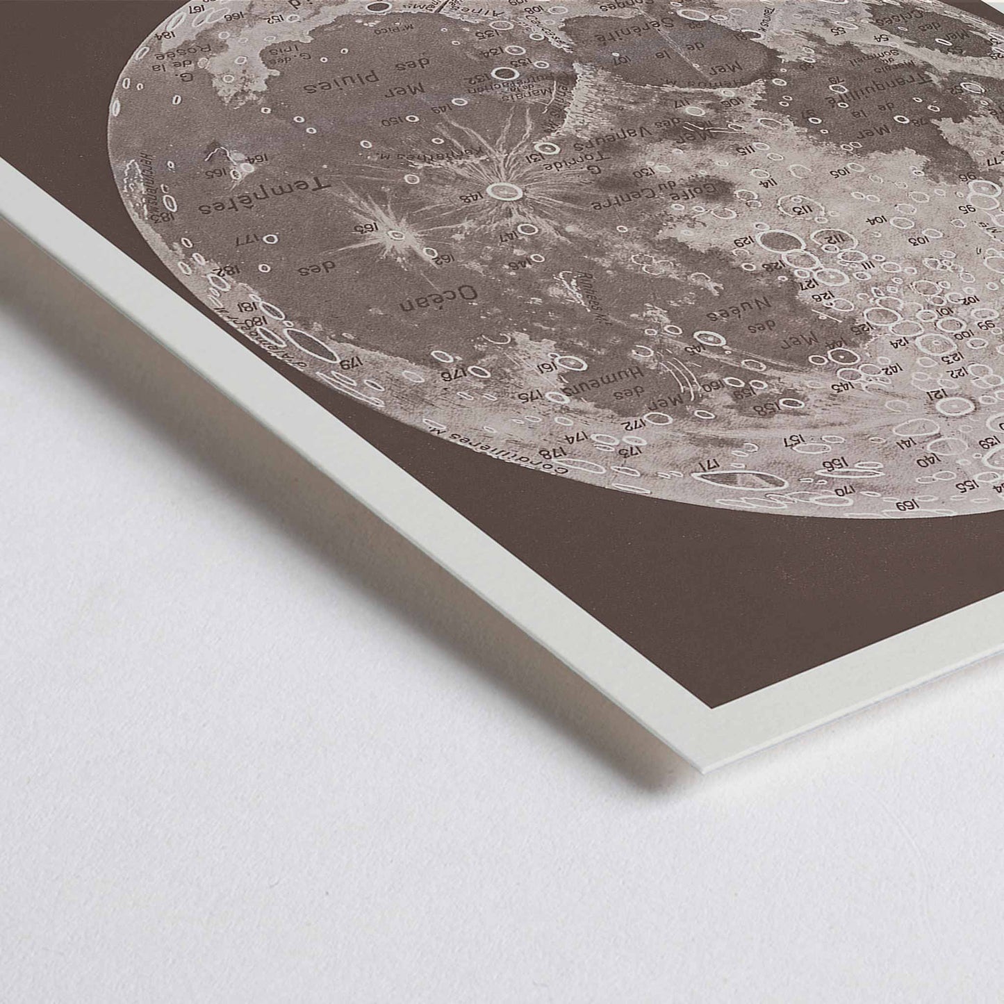 Closeup detail of Lucien Rudaux General Map of the Moon poster with labeled lunar globe and craters in vintage monochrome scientific style