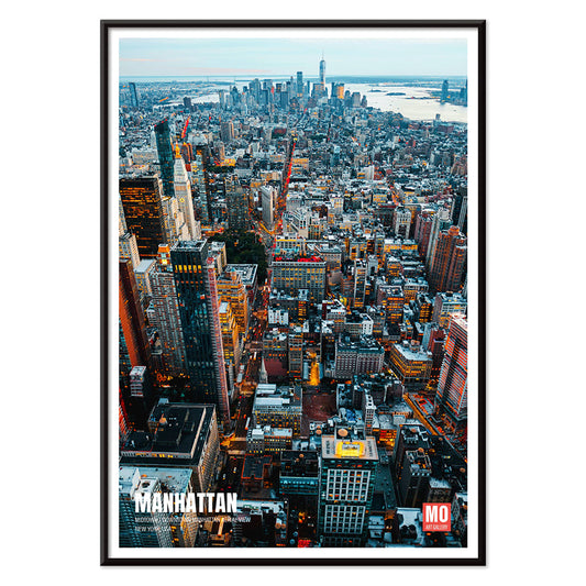 Aerial view and poster of Manhattan skyline in New York by Mo Art Gallery, with black aluminium frame on white background
