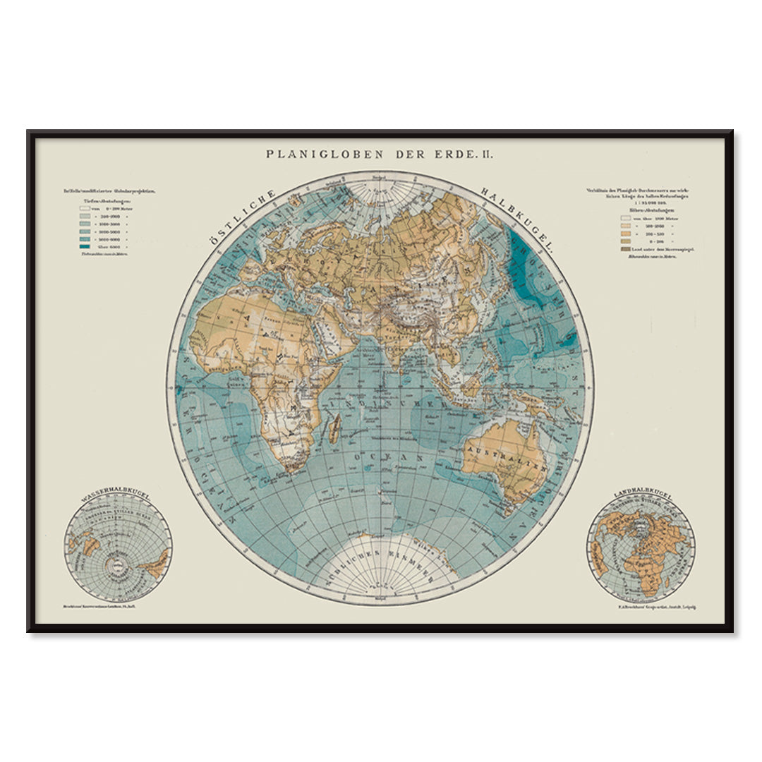 Detailed vintage world map illustration and poster titled Planiglobes of the Earth II by The Institute of Liepzig featuring colored geographical features, with black aluminium frame on white background