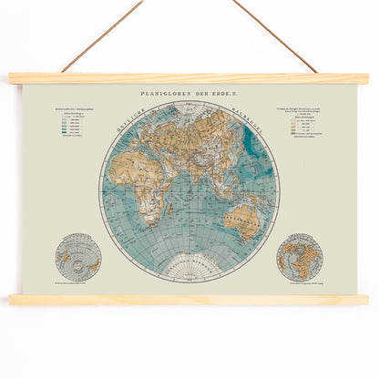Detailed vintage world map illustration and poster titled Planiglobes of the Earth II by The Institute of Liepzig featuring colored geographical features, with wooden magnetic frame on white background
