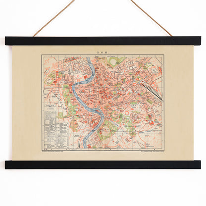 Ancient map of Rome by Bibliographic institute of Liepzig showing detailed city layout river neighborhoods and landmarks, with wooden magnetic frame on white background