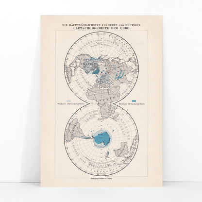 Vintage polar regions and glacier map illustrated artwork of Earth poles by Bibliographic institute of Liepzig, framed and displayed in modern living room decor