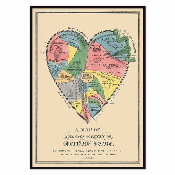 Open Country of Womans Heart poster by E.B. and E.C. Kellogg, colorful heart shaped map with labeled regions, vintage cartographic style, with black aluminium frame on white background