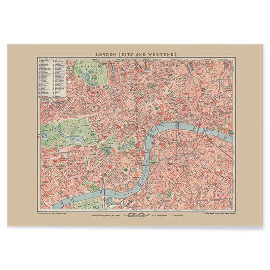 Ancient map of London by Bibliographic institute of Liepzig showing detailed vintage city streets river Thames and parks, with black aluminium frame on white background