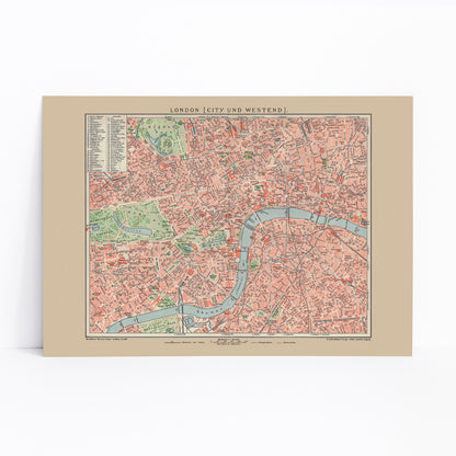 Ancient map of London by Bibliographic institute of Liepzig showing detailed vintage city streets river Thames and parks, framed and displayed in modern living room decor