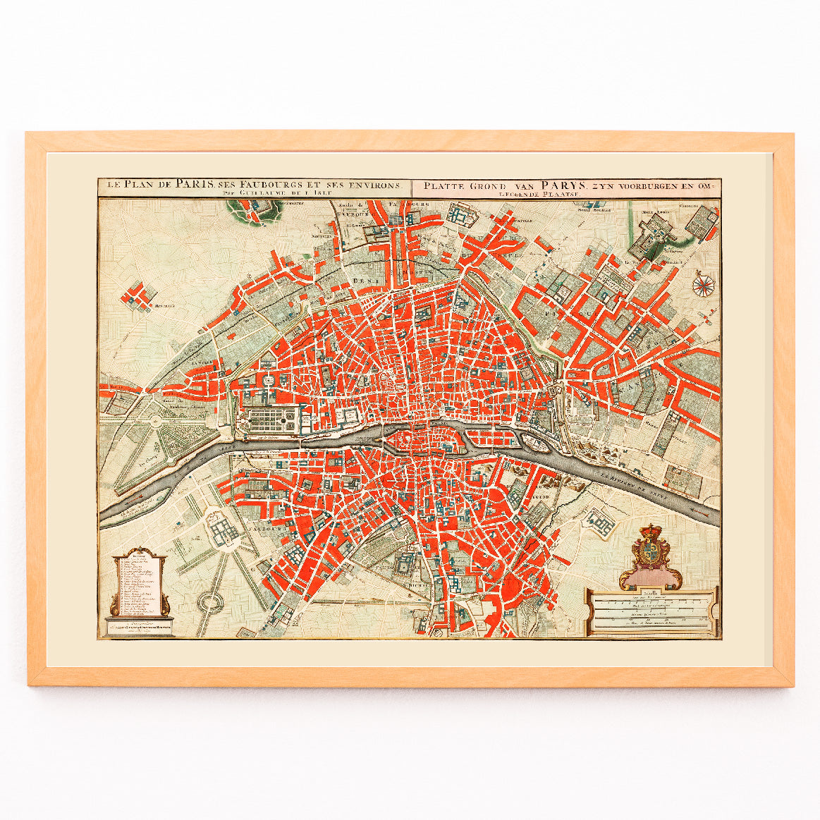 Closeup detail of Ancient map of Paris by Guillaume Delisle detailed city layout illustration and poster artwork with red highlights