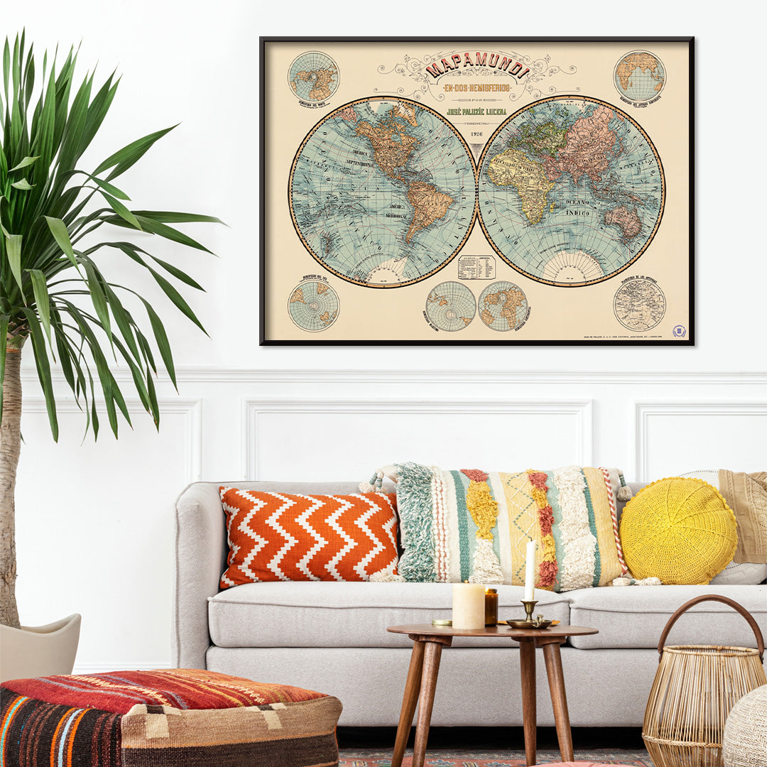 Vintage world map Mapamundi by Paluzie Lucena Josep showing two hemispheres with detailed geography and geographic features poster, framed and displayed in home decor
