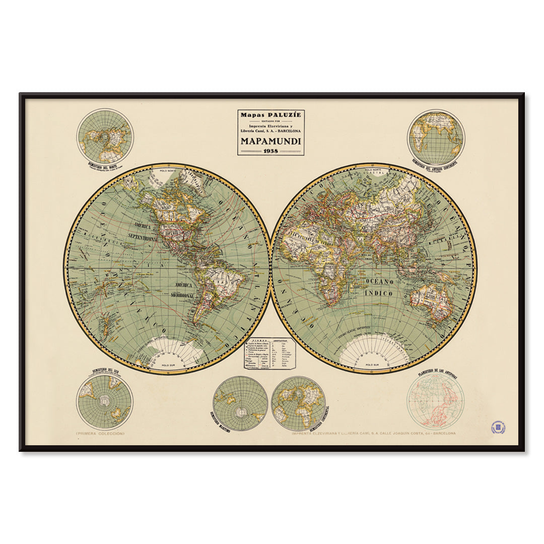 Vintage world map Mapamundi 2 by Paluzie Lucena Josep with detailed continents and country borders illustration poster, with black aluminium frame on white background