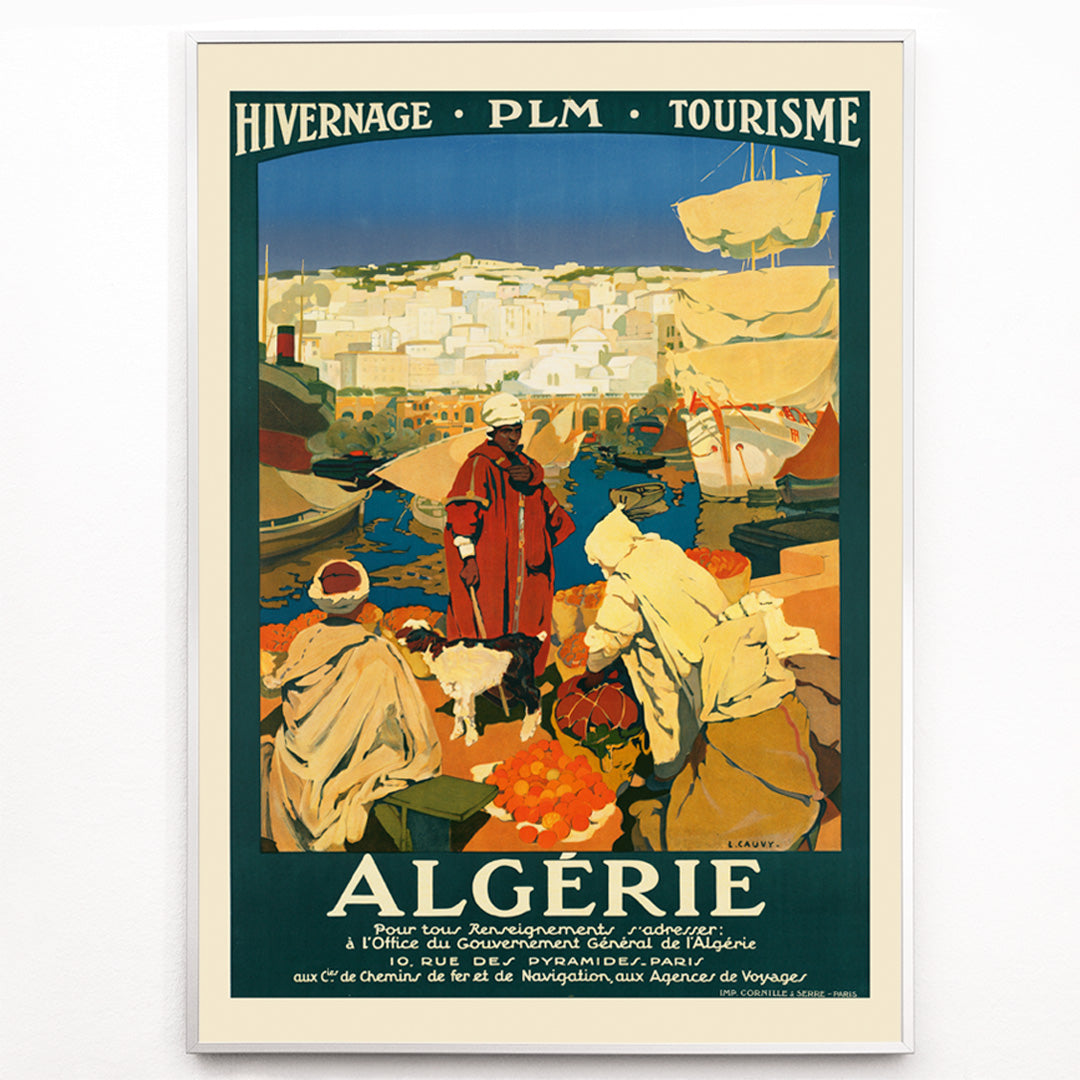 Closeup detail of Colorful Algerian harbor market scene with people in traditional clothing by Leon Cauvy travel artwork poster