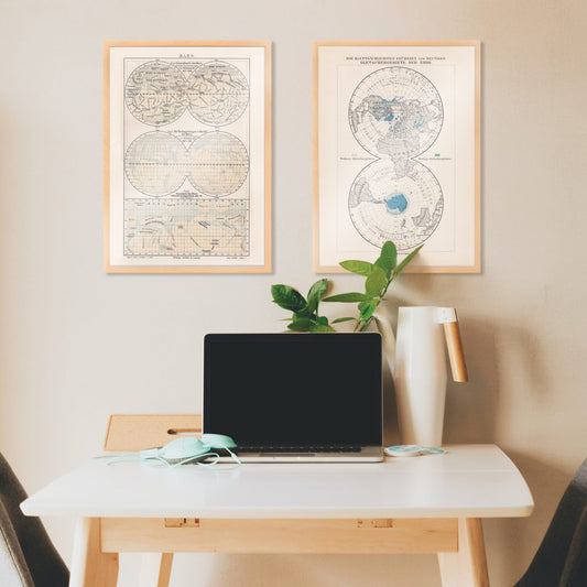 Vintage map of Mars illustration and scientific reference poster by Bibliographic institute of Liepzig, framed and displayed in home decor