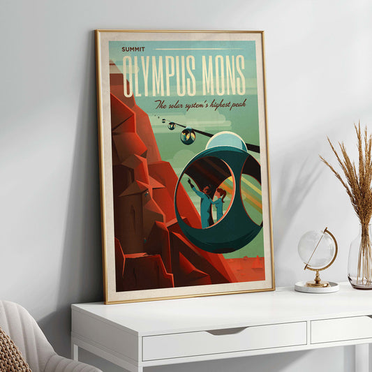 Futuristic cable cars and pods ascend the red slopes of Olympus Mons on Mars with travelers viewing the Martian landscape in SpaceX poster artwork, framed and displayed in home decor