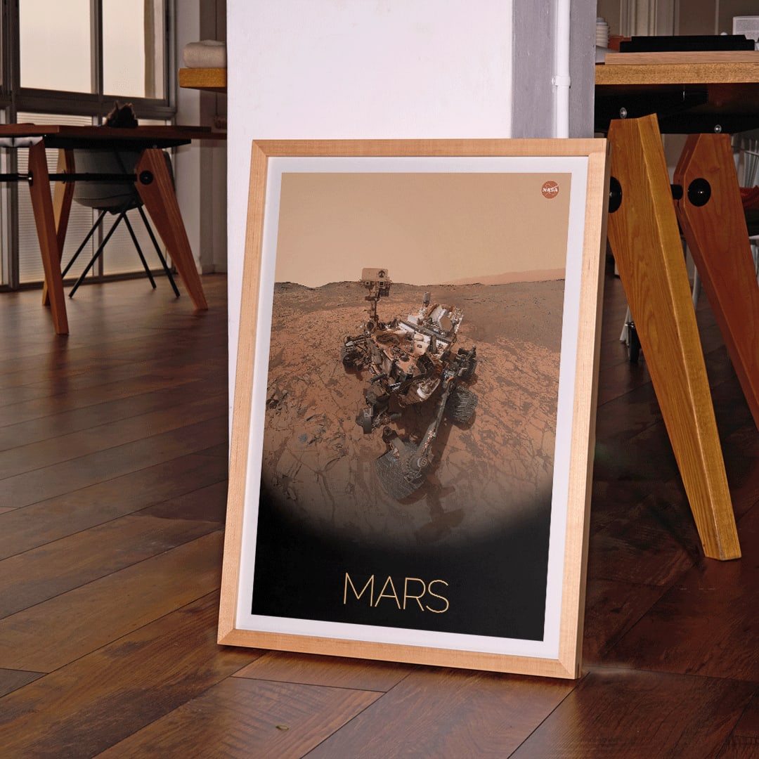 Mars exploration rover by NASA on the Martian surface in the Rover on Mars poster with NASA logo in top right corner, framed and displayed in home decor